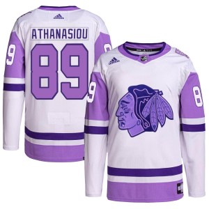 Andreas Athanasiou Youth Adidas Chicago Blackhawks Authentic White/Purple Hockey Fights Cancer Primegreen Jersey