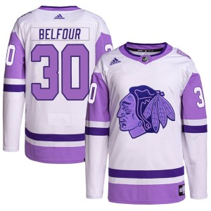 ED Belfour Youth Adidas Chicago Blackhawks Authentic White/Purple Hockey Fights Cancer Primegreen Jersey