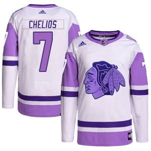 Chris Chelios Youth Adidas Chicago Blackhawks Authentic White/Purple Hockey Fights Cancer Primegreen Jersey