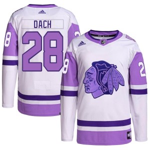 Colton Dach Youth Adidas Chicago Blackhawks Authentic White/Purple Hockey Fights Cancer Primegreen Jersey