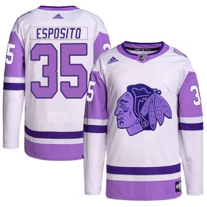 Tony Esposito Youth Adidas Chicago Blackhawks Authentic White/Purple Hockey Fights Cancer Primegreen Jersey