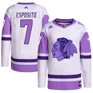 Phil Esposito Youth Adidas Chicago Blackhawks Authentic White/Purple Hockey Fights Cancer Primegreen Jersey