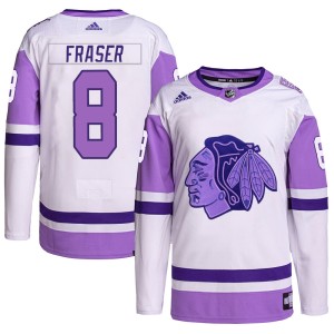 Curt Fraser Youth Adidas Chicago Blackhawks Authentic White/Purple Hockey Fights Cancer Primegreen Jersey