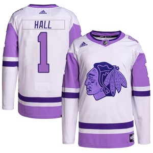 Glenn Hall Youth Adidas Chicago Blackhawks Authentic White/Purple Hockey Fights Cancer Primegreen Jersey