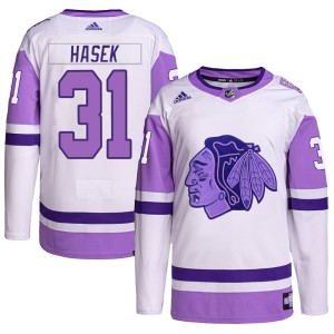 Dominik Hasek Youth Adidas Chicago Blackhawks Authentic White/Purple Hockey Fights Cancer Primegreen Jersey