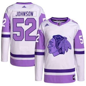 Reese Johnson Youth Adidas Chicago Blackhawks Authentic White/Purple Hockey Fights Cancer Primegreen Jersey