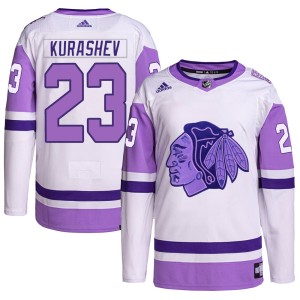 Philipp Kurashev Youth Adidas Chicago Blackhawks Authentic White/Purple Hockey Fights Cancer Primegreen Jersey