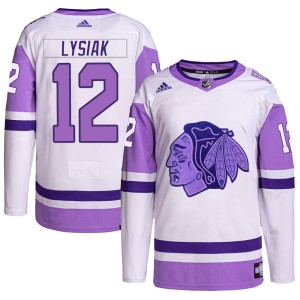 Tom Lysiak Youth Adidas Chicago Blackhawks Authentic White/Purple Hockey Fights Cancer Primegreen Jersey