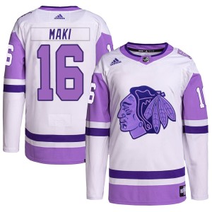 Chico Maki Youth Adidas Chicago Blackhawks Authentic White/Purple Hockey Fights Cancer Primegreen Jersey