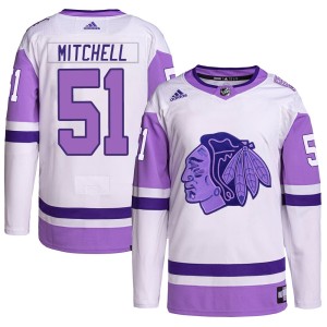 Ian Mitchell Youth Adidas Chicago Blackhawks Authentic White/Purple Hockey Fights Cancer Primegreen Jersey