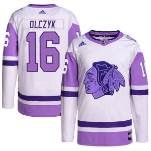 Ed Olczyk Youth Adidas Chicago Blackhawks Authentic White/Purple Hockey Fights Cancer Primegreen Jersey