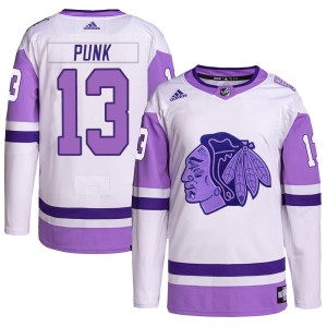 CM Punk Youth Adidas Chicago Blackhawks Authentic White/Purple Hockey Fights Cancer Primegreen Jersey