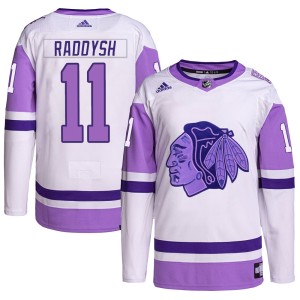 Taylor Raddysh Youth Adidas Chicago Blackhawks Authentic White/Purple Hockey Fights Cancer Primegreen Jersey