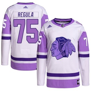 Alec Regula Youth Adidas Chicago Blackhawks Authentic White/Purple Hockey Fights Cancer Primegreen Jersey