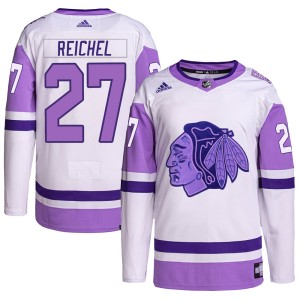 Lukas Reichel Youth Adidas Chicago Blackhawks Authentic White/Purple Hockey Fights Cancer Primegreen Jersey