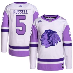 Phil Russell Youth Adidas Chicago Blackhawks Authentic White/Purple Hockey Fights Cancer Primegreen Jersey