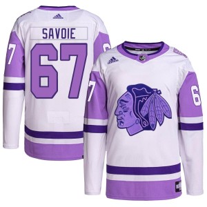 Samuel Savoie Youth Adidas Chicago Blackhawks Authentic White/Purple Hockey Fights Cancer Primegreen Jersey