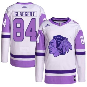 Landon Slaggert Youth Adidas Chicago Blackhawks Authentic White/Purple Hockey Fights Cancer Primegreen Jersey