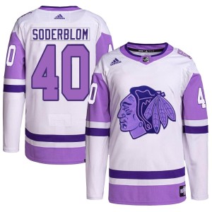 Arvid Soderblom Youth Adidas Chicago Blackhawks Authentic White/Purple Hockey Fights Cancer Primegreen Jersey