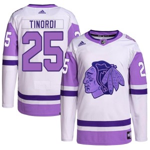 Jarred Tinordi Youth Adidas Chicago Blackhawks Authentic White/Purple Hockey Fights Cancer Primegreen Jersey
