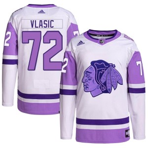 Alex Vlasic Youth Adidas Chicago Blackhawks Authentic White/Purple Hockey Fights Cancer Primegreen Jersey