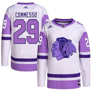 Drew Commesso Men's Adidas Chicago Blackhawks Authentic White/Purple Hockey Fights Cancer Primegreen Jersey