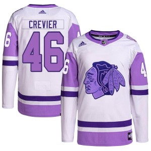 Louis Crevier Men's Adidas Chicago Blackhawks Authentic White/Purple Hockey Fights Cancer Primegreen Jersey