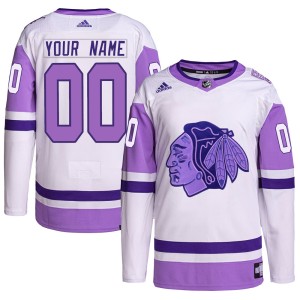 Custom Men's Adidas Chicago Blackhawks Authentic White/Purple Custom Hockey Fights Cancer Primegreen Jersey