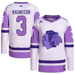 Keith Magnuson Men's Adidas Chicago Blackhawks Authentic White/Purple Hockey Fights Cancer Primegreen Jersey