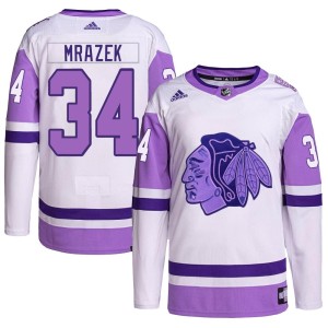 Petr Mrazek Men's Adidas Chicago Blackhawks Authentic White/Purple Hockey Fights Cancer Primegreen Jersey