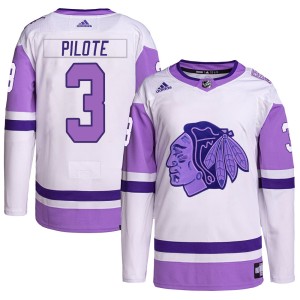 Pierre Pilote Men's Adidas Chicago Blackhawks Authentic White/Purple Hockey Fights Cancer Primegreen Jersey