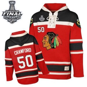 Corey Crawford Youth Chicago Blackhawks Authentic Red Old Time Hockey Sawyer Hooded Sweatshirt 2015 Stanley Cup Patch