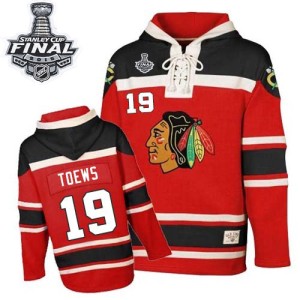 Jonathan Toews Youth Chicago Blackhawks Authentic Red Old Time Hockey Sawyer Hooded Sweatshirt 2015 Stanley Cup Patch