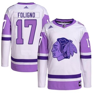 Nick Foligno Youth Adidas Chicago Blackhawks Authentic White/Purple Hockey Fights Cancer Primegreen Jersey