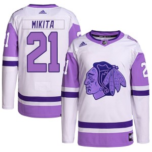 Stan Mikita Youth Adidas Chicago Blackhawks Authentic White/Purple Hockey Fights Cancer Primegreen Jersey