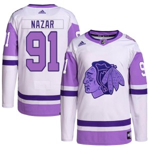 Frank Nazar Youth Adidas Chicago Blackhawks Authentic White/Purple Hockey Fights Cancer Primegreen Jersey