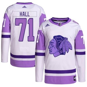 Taylor Hall Men's Adidas Chicago Blackhawks Authentic White/Purple Hockey Fights Cancer Primegreen Jersey