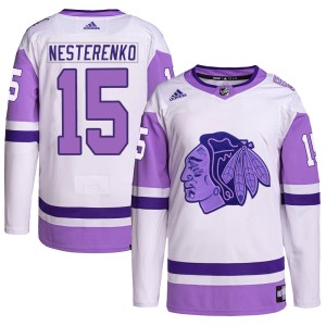 Eric Nesterenko Men's Adidas Chicago Blackhawks Authentic White/Purple Hockey Fights Cancer Primegreen Jersey