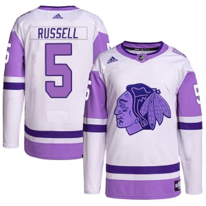 Phil Russell Men's Adidas Chicago Blackhawks Authentic White/Purple Hockey Fights Cancer Primegreen Jersey