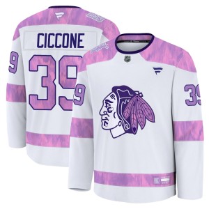Enrico Ciccone Youth Fanatics Chicago Blackhawks Premium White 2024 Hockey Fights Cancer Practice Jersey