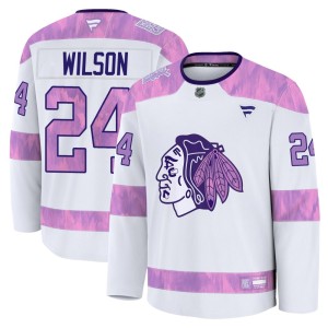 Doug Wilson Youth Fanatics Chicago Blackhawks Premium White 2024 Hockey Fights Cancer Practice Jersey
